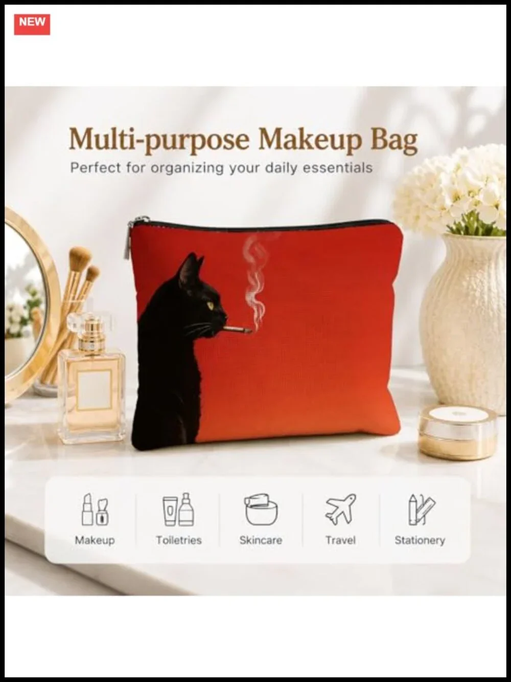 Whimsical Black Cat Linen Makeup Bag Travel Toiletry Organizer Pouch